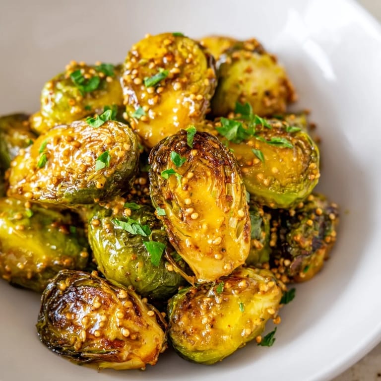 A plate of flavorful Honey Mustard Glazed Brussels Sprouts, a simple side dish perfect for any meal.