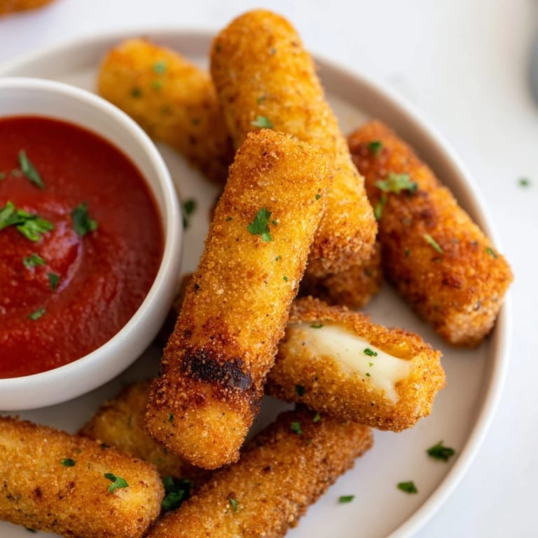Easy air fryer mozzarella sticks, hot and ready in minutes; ideal appetizer for gatherings.