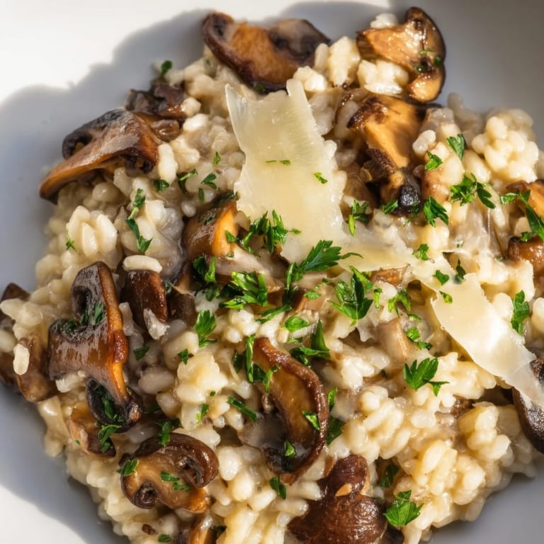 A close-up of the delicious Italian Mushroom Risotto, showcasing the creamy Arborio rice and savory mushrooms.