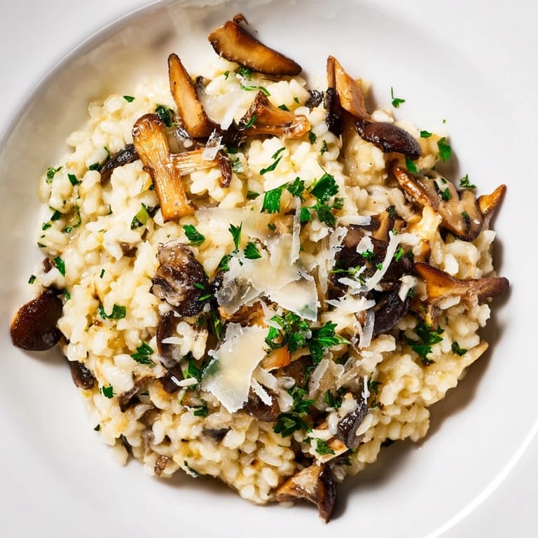 Perfectly plated Italian Mushroom Risotto, a comforting vegetarian main course with a parmesan garnish.