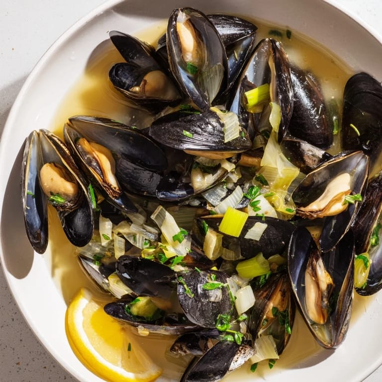 A close-up of fragrant Belgian Moules Marinière served with lemon, a classic seafood dinner.