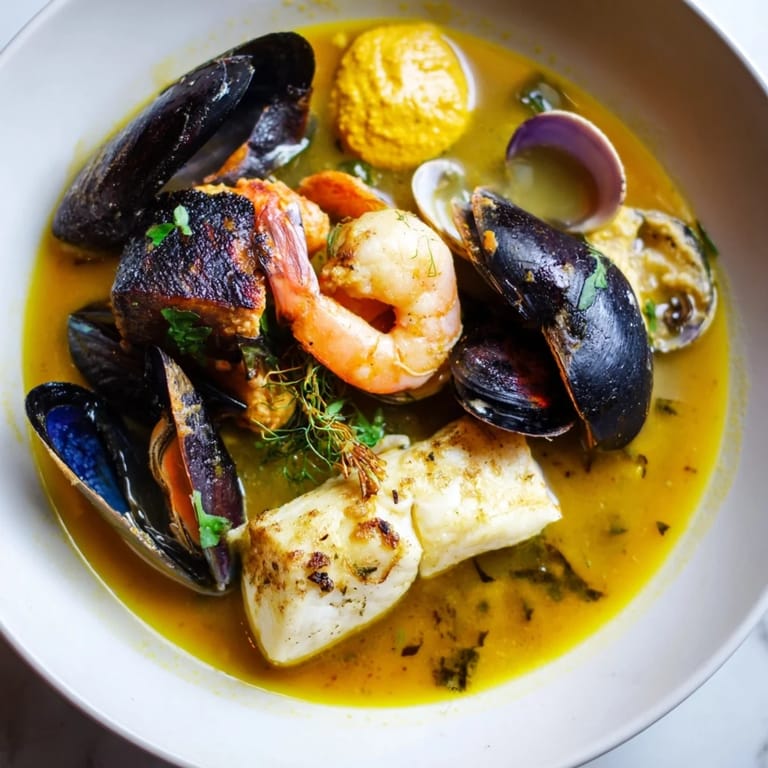 Fragrant bouillabaisse, a Provençal seafood stew with a golden saffron broth and toasted bread.