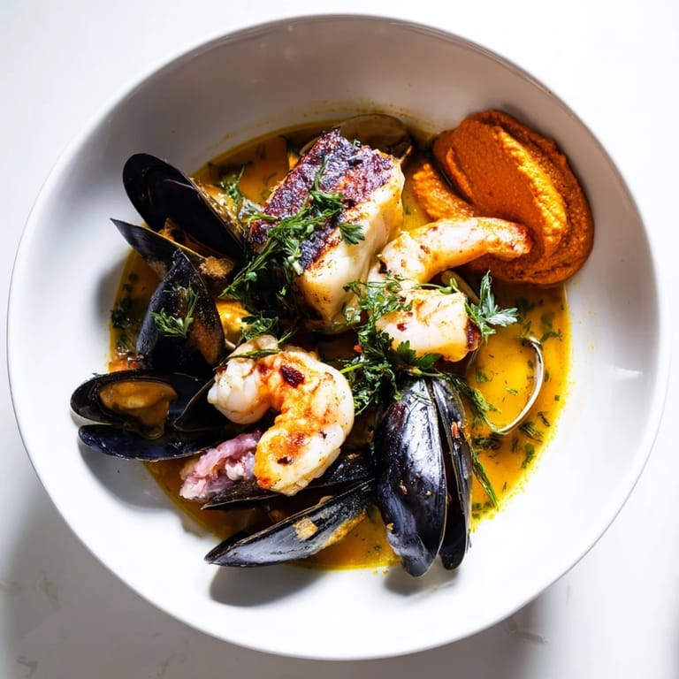 A comforting bowl of bouillabaisse, overflowing with fish, shellfish, and a bright rouille garnish.