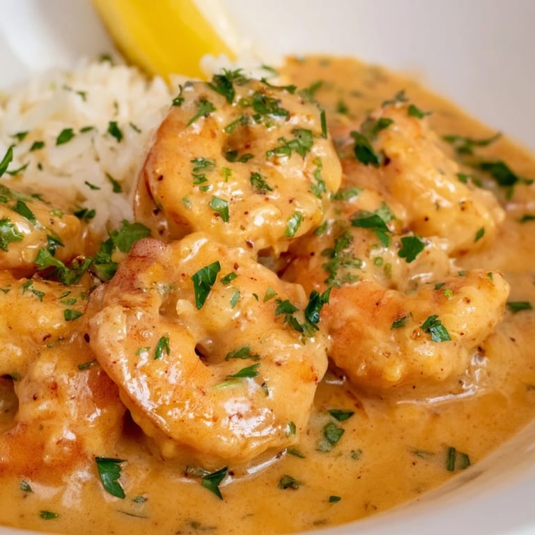 Spicy shrimp and rich cream sauce drizzled over fragrant rice, ready for a comforting dinner.