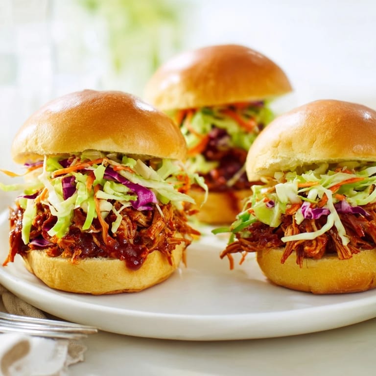 Succulent pulled BBQ chicken sliders with creamy tangy slaw nestled in buttered mini buns, perfect for a casual backyard dinner.