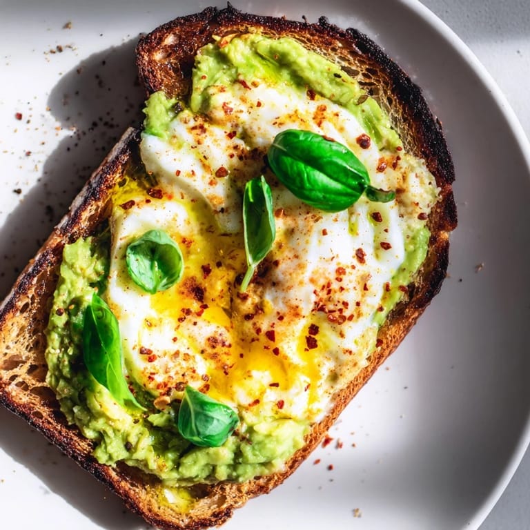 Two warm avocado mozzarella tartines with crispy toasted bread sit beside fresh basil and lemon for a bright garnish.
