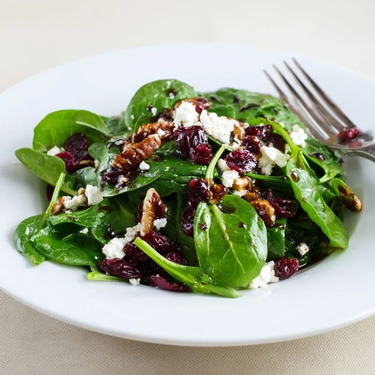 Fresh Spinach Goat Cheese Salad tossed with balsamic vinaigrette, featuring crunchy pecans and chewy cranberries.