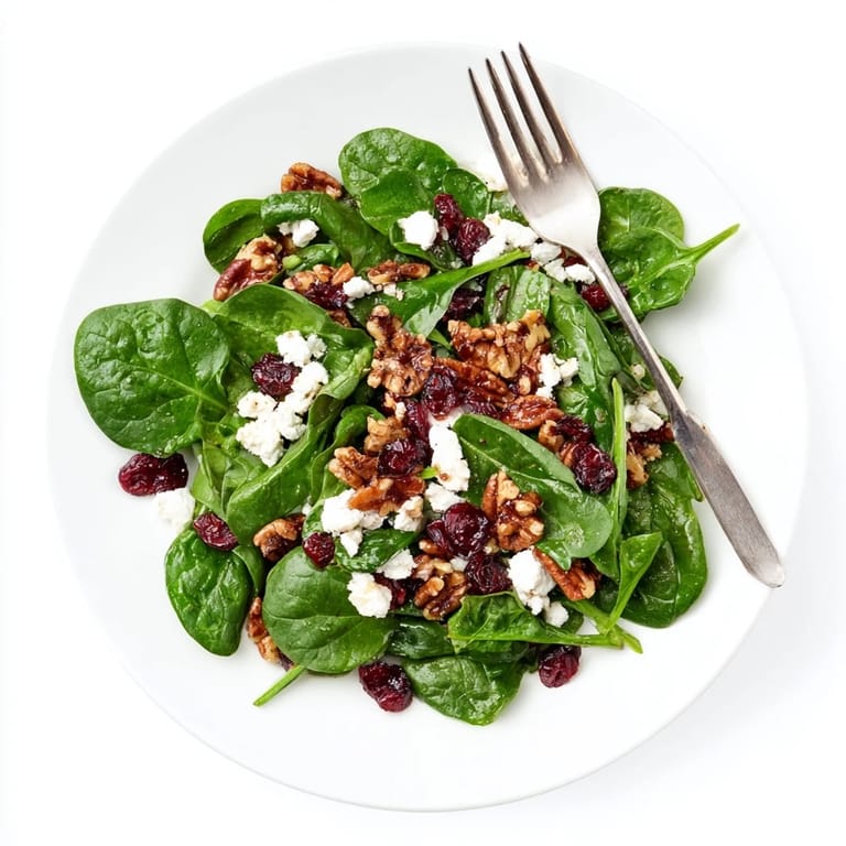 A plated Spinach Goat Cheese Salad, an easy vegetarian lunch with tender greens and tangy, sweet flavors.