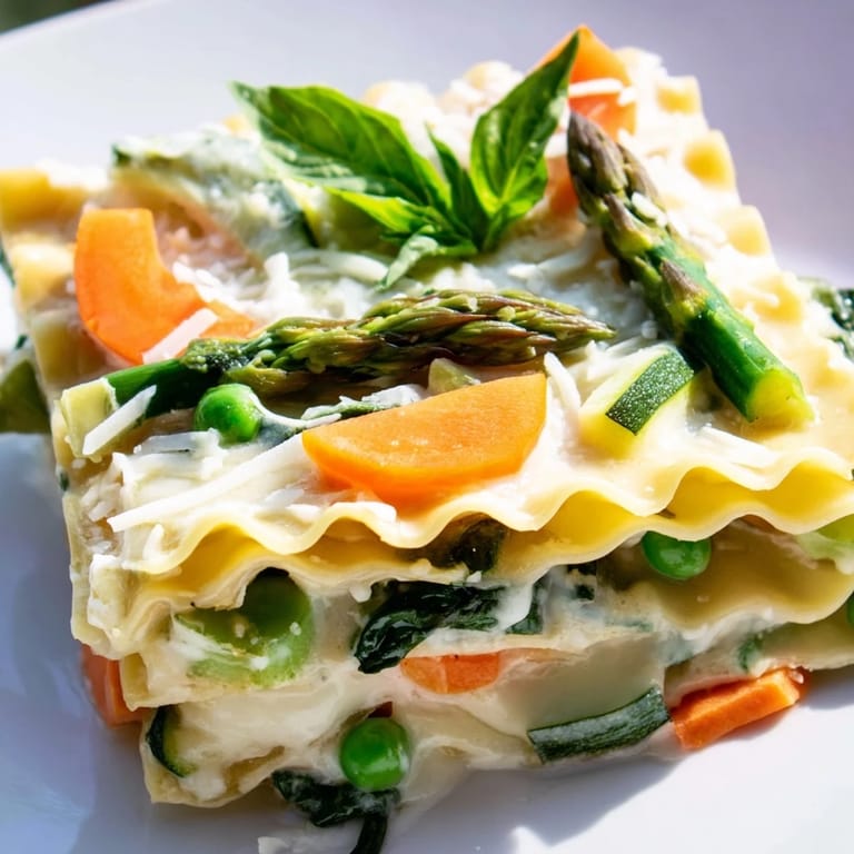 A single slice of Spring Veggie Alfredo Lasagna reveals tender vegetables and cheesy layers on a plate.