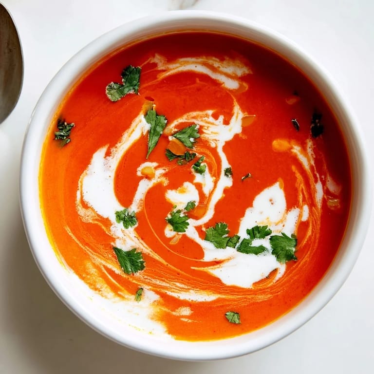 Roasted Red Pepper Soup in a white bowl, its vibrant red-orange color contrasted by dark garnishes and a warm kitchen background.
