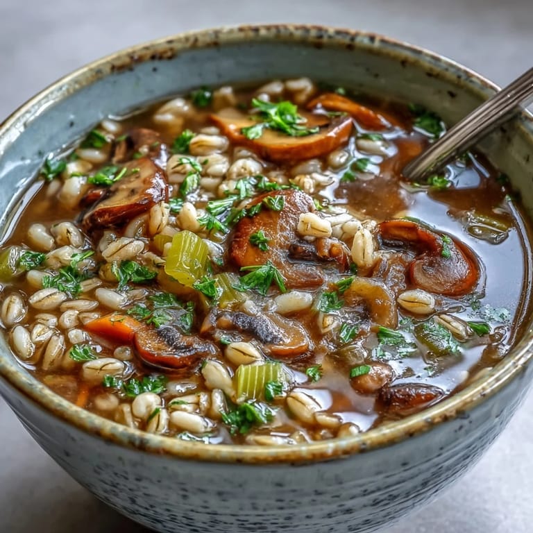 Chewy pearl barley shines in this savory Mushroom and Barley Soup, perfect comfort food.