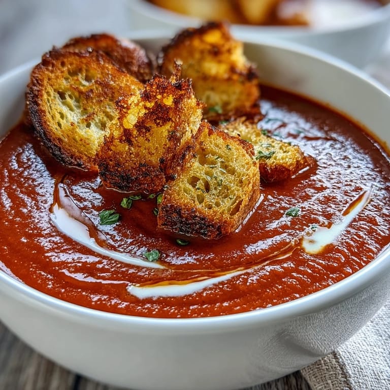 Velvety smooth roasted tomato soup topped with homemade crispy croutons and fresh herbs.