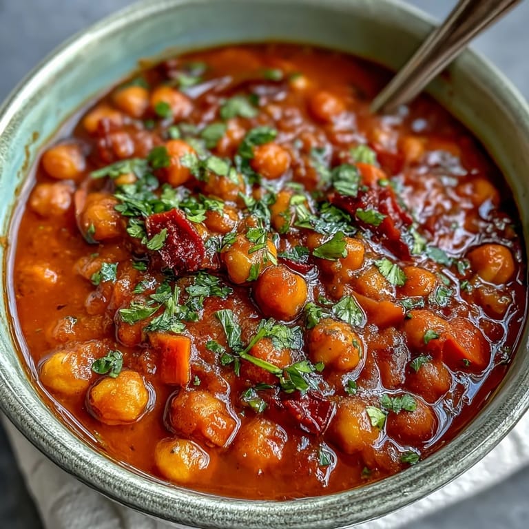 A rustic spoon serves up hearty Spicy Chickpea Stew, paired with crusty bread for dipping into the warm broth.