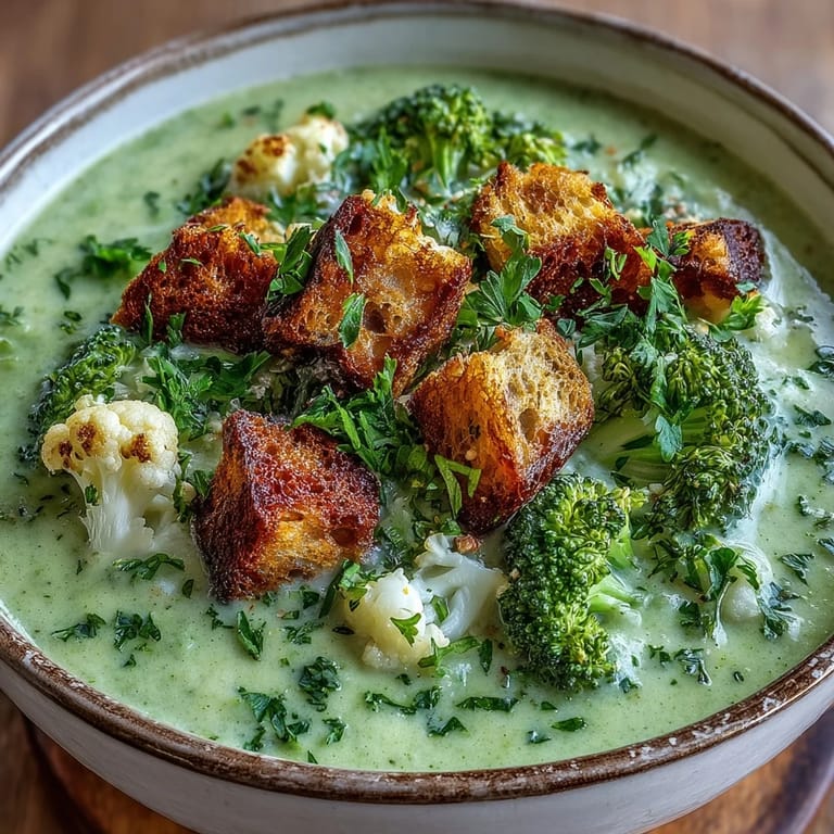 A bowl of blended Cauliflower and Broccoli Soup garnished with chopped parsley and grated Parmesan, ready to enjoy.