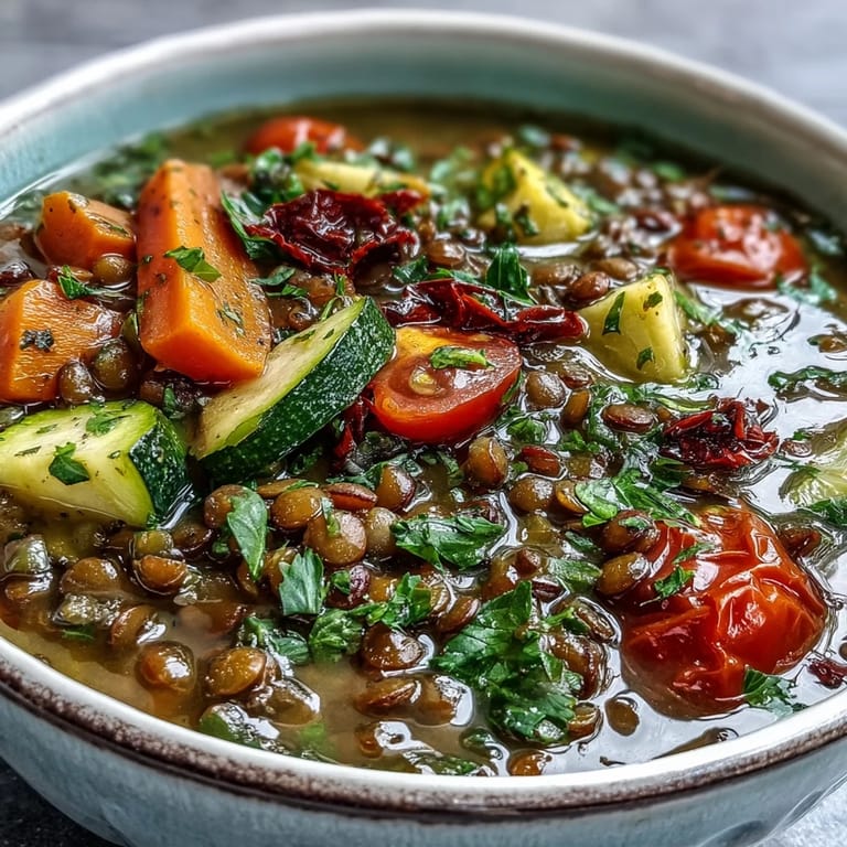 Close-up of golden roasted vegetables and tender lentils simmering in savory broth for this hearty Lentil and Vegetable Soup.