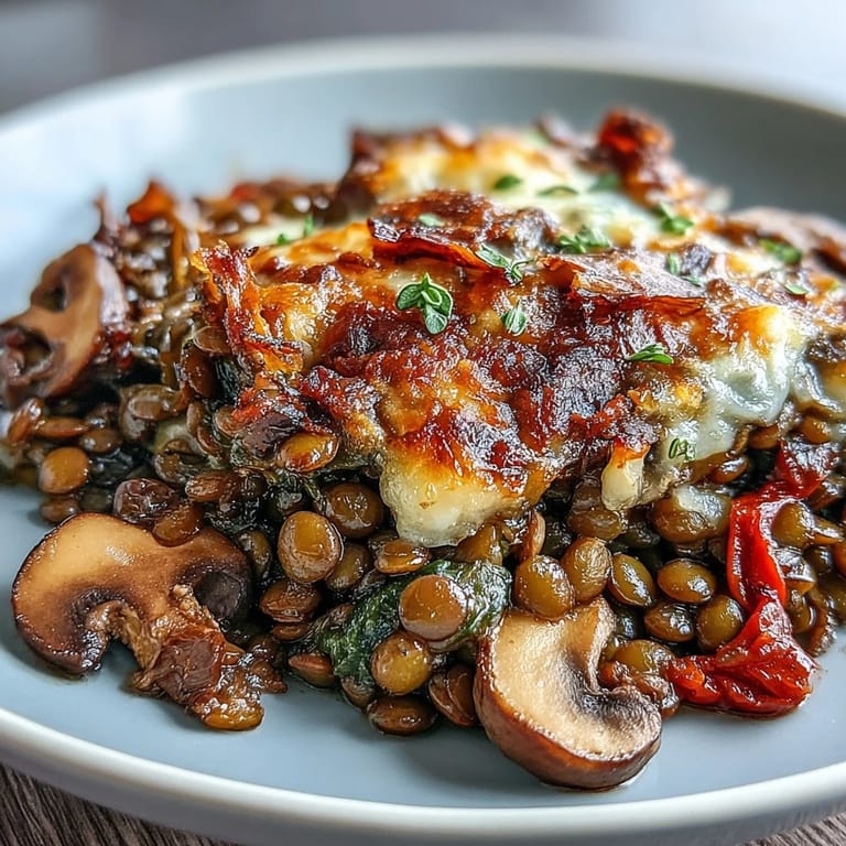 Prepared Green Lentil and Vegetable Casserole plated with a fresh salad, perfect for a wholesome vegetarian meal.