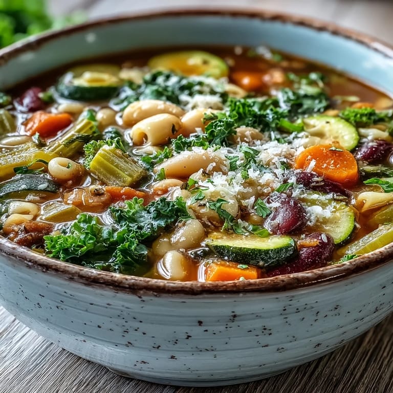 Hearty Minestrone Vegetable Soup ladled into a white bowl, garnished with fresh parsley and grated Parmesan cheese for a comforting meal.