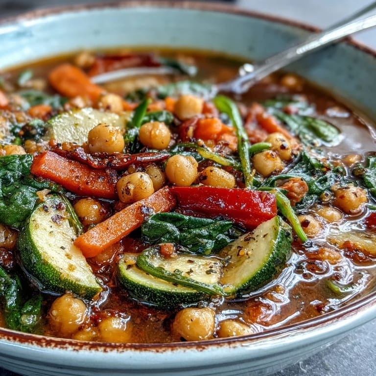 Cozy pot of Chickpea Stew with lemon wedges and fresh parsley garnish.
