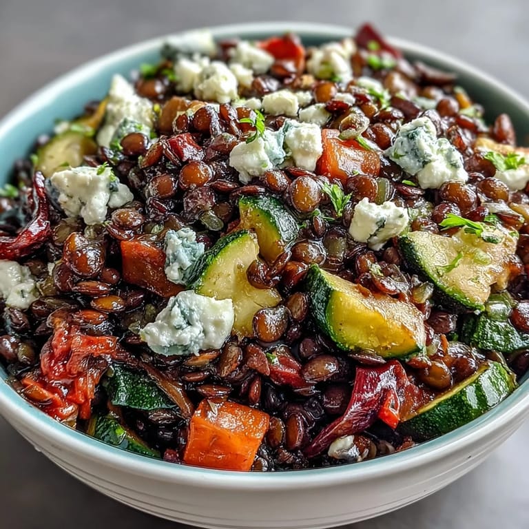 A hearty serving of Black Lentil Salad topped with feta, fresh parsley, and toasted pumpkin seeds.