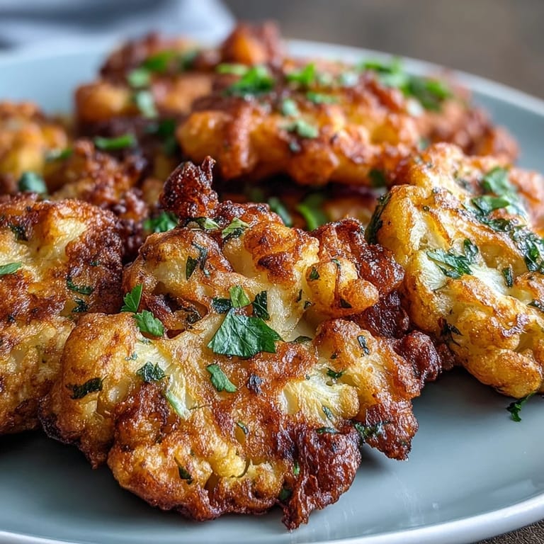 Crispy, spiced cauliflower bhajis made with chickpea flour, stacked on a white plate next to a green yogurt dip.