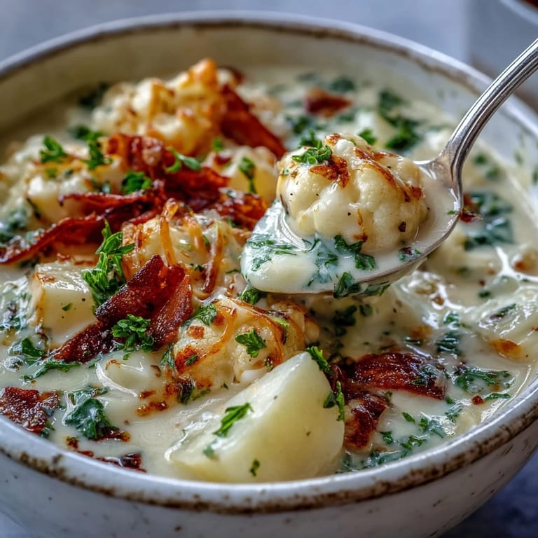 Hearty Vegetarian Cauliflower Chowder simmered with potatoes and carrots, ready to ladle from a Dutch oven.