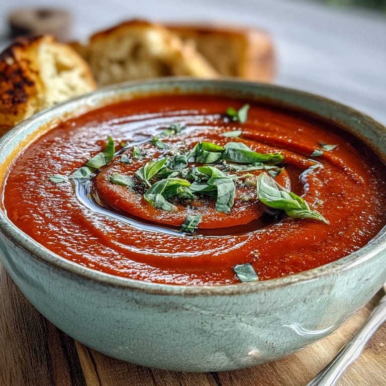 Homemade Tomato and Basil Soup in a rustic mug, steam rising, extra basil leaves and olive oil garnish on top.