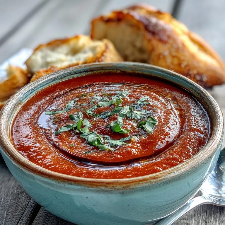 Creamy Tomato and Basil Soup served in a white bowl, garnished with olive oil and fresh basil, beside crusty bread.