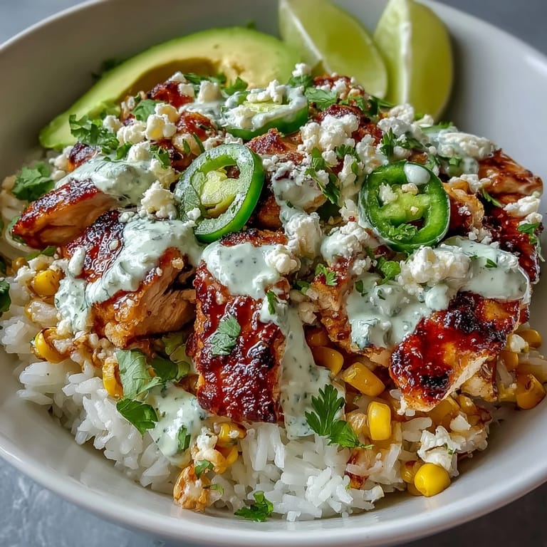 Sizzling Street Corn Chicken and Rice Bowls drizzled with crema and fresh cilantro.