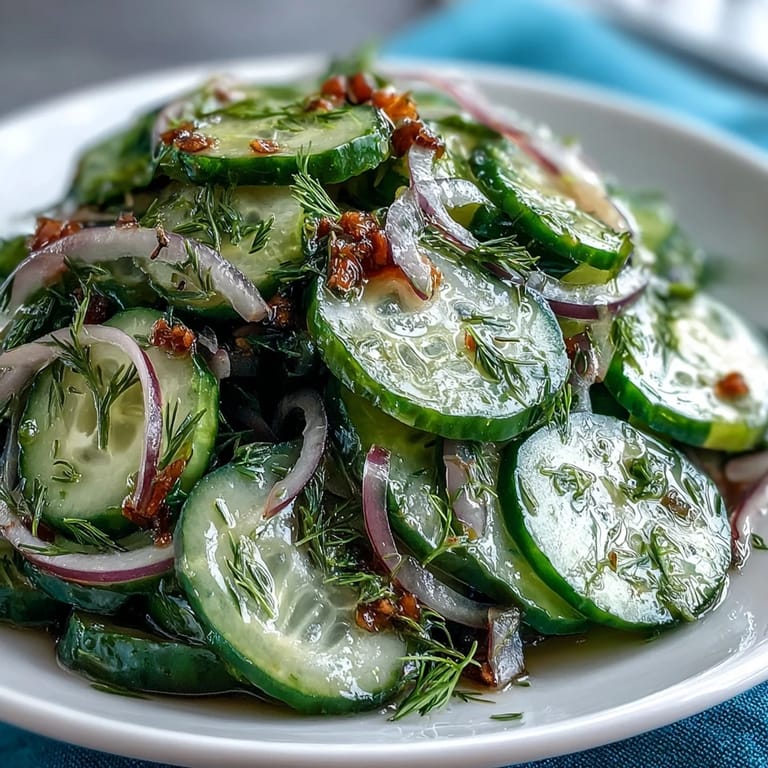 Freshly made Refreshing Crunchy Cucumber Salad tossed with tangy vinegar dressing, served on a rustic wooden platter for a cooling side dish.
