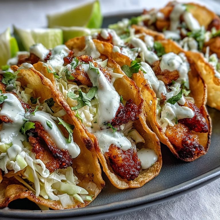 These Asian fusion tacos are drizzled with creamy sriracha mayo and garnished with fresh cilantro, served with lime wedges.