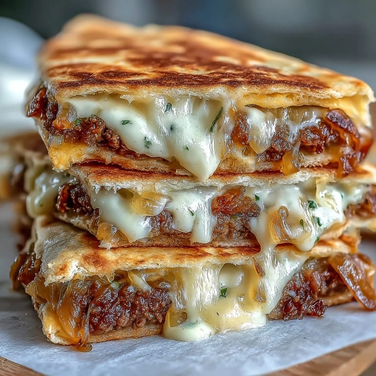 Serving suggestion: Cheesy Griddled Smashburger Quesadillas plated with a dipping sauce, fresh cilantro, and pickles on the side.