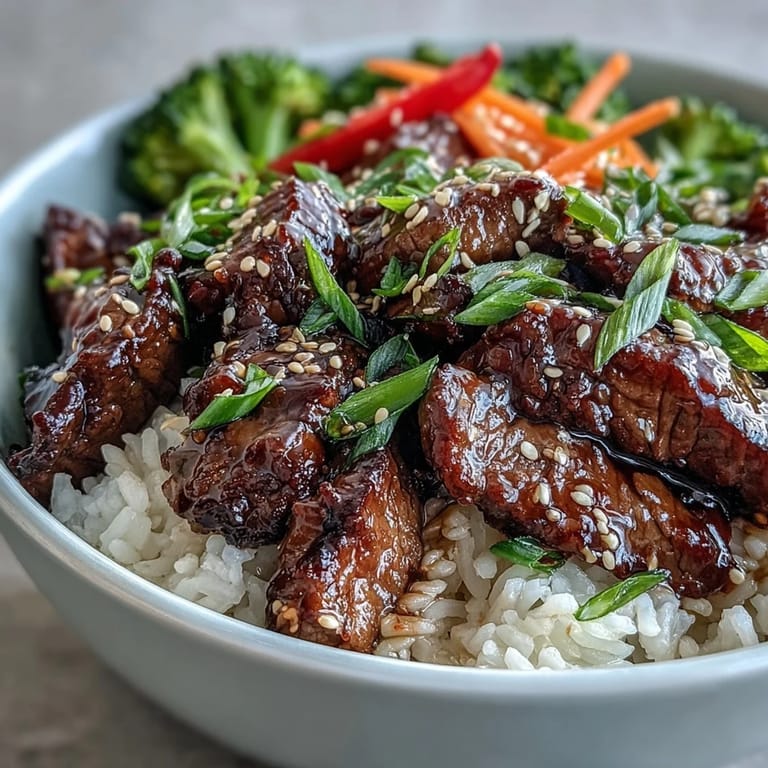 Close-up of Teriyaki Beef Bowl with tender meat, glossy sauce, and fresh green onions on top.