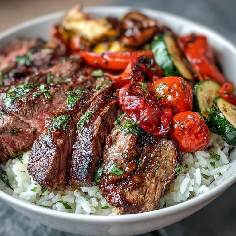 Juicy grilled steak and roasted bell peppers sit atop fluffy rice in this convenient sheet pan dinner.