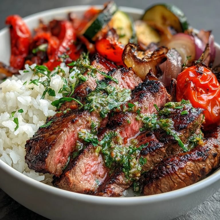 A close-up shows the colorful Grilled Steak Bowl with roasted bell peppers, zucchini, and cherry tomatoes for a hearty meal.