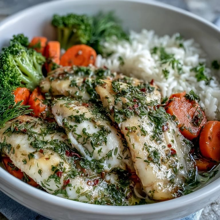 Steamed vegetables add color, and a lemon wedge sits beside the wholesome, gluten-free Baked Tilapia Bowl.