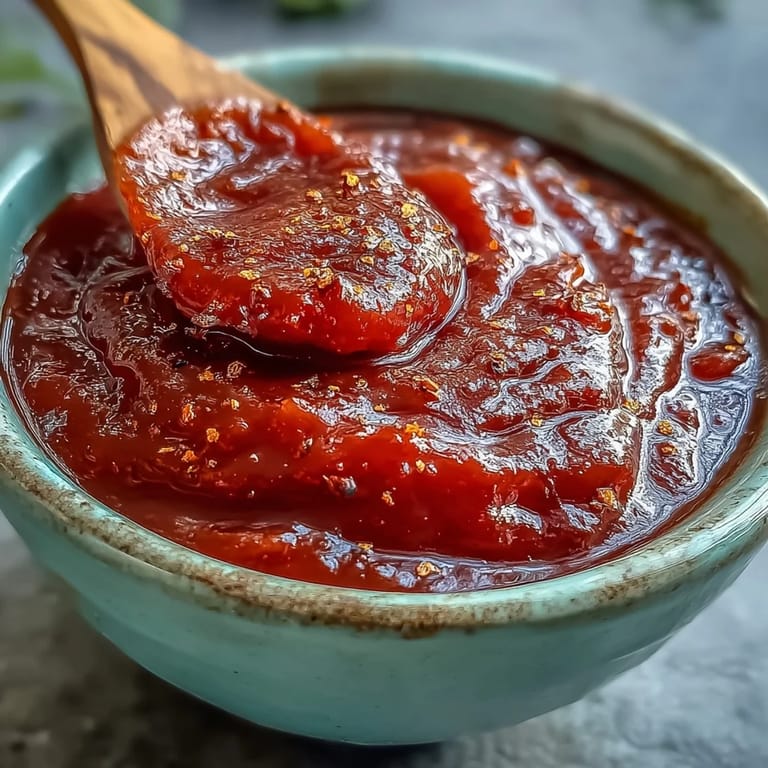 Homemade Guava BBQ Sauce From Scratch glistening in a jar, a spoon lifting the thick tropical sauce.