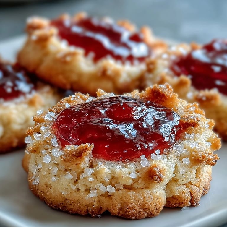 Close-up of a Guava Jam Thumbprint Cookies split in half, revealing the soft vanilla dough and sticky guava jam center on a rustic background.