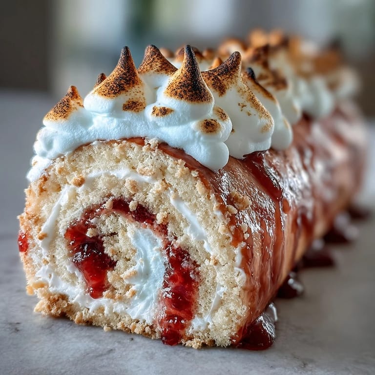 Golden meringue-topped Homemade Brazo Gitano dessert plated with coffee for a sweet treat.
