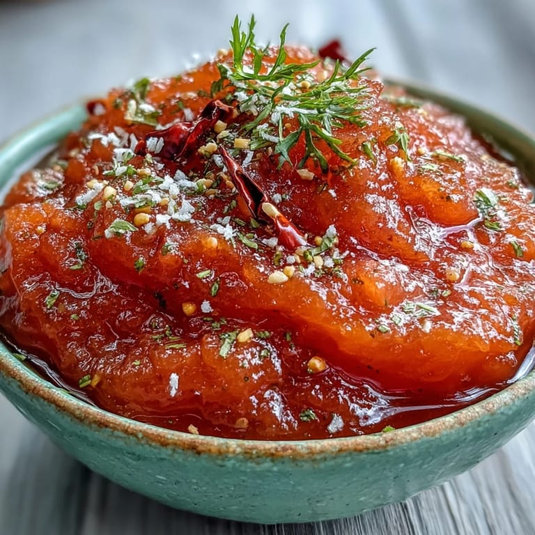 A vibrant green Guava Chutney topped with a mustard seed tempering of curry leaves and dried red chili.