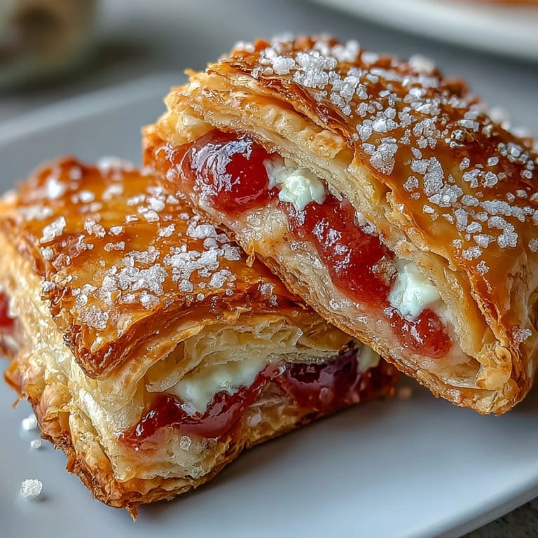 A close-up shows a Guava and Cream Cheese Pastelito broken in half, highlighting the sweet guava paste contrasted with rich, creamy white cheese.