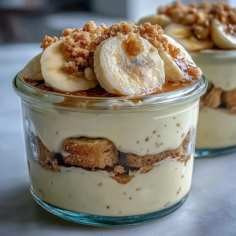 Healthy Protein Banana Pudding dessert in a glass, featuring silky custard layers and sliced fresh bananas.