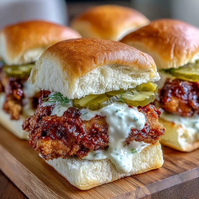 Warm slider buns cradle spicy fried chicken thighs, topped with crunchy pickles and tangy aioli for a Southern bite.