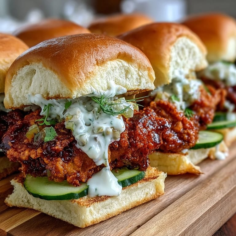 Close-up of Nashville Hot Chicken Sliders with juicy, crispy chicken, fresh dill pickle slices, and a generous swirl of aioli.