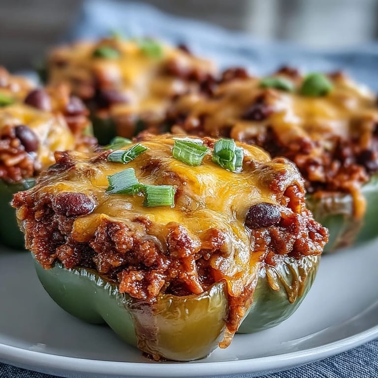 A slice reveals savory chili mac and cheesy filling inside colorful bell peppers, perfect weeknight comfort.