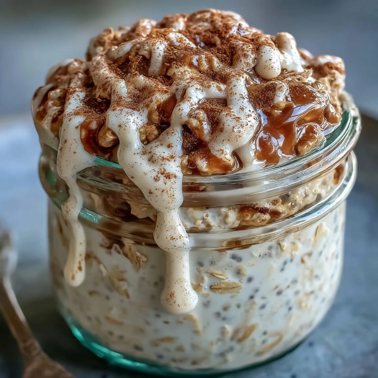 A clear view of layered High-Protein Cinnamon Roll Overnight Oats with Greek yogurt and maple drizzle ready to eat.