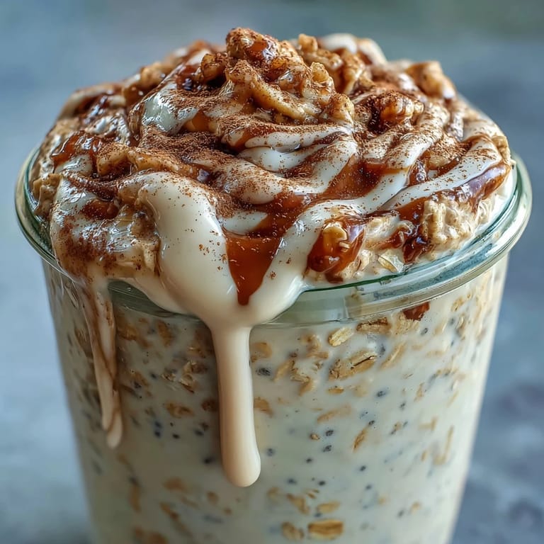 Close-up of creamy High-Protein Cinnamon Roll Overnight Oats garnished with chopped pecans for added crunch and warmth.