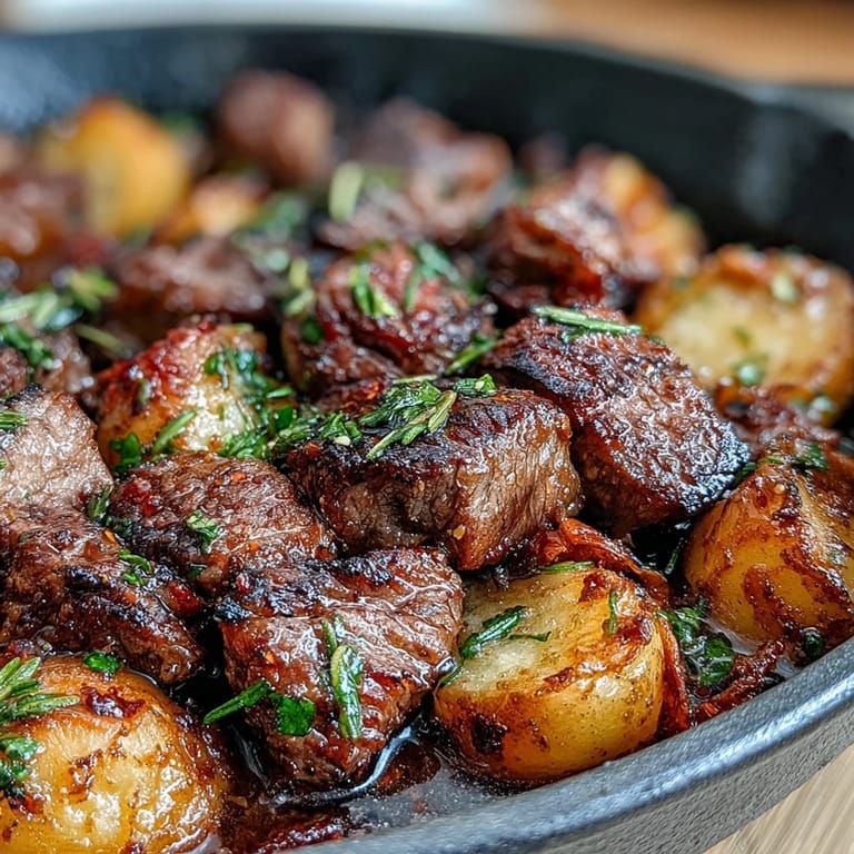Sizzling steak and potatoes tossed in garlic butter, perfect for a quick skillet dinner.
