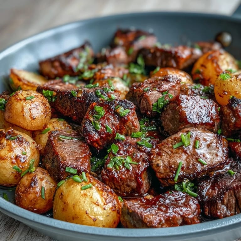 A close-up view of the Garlic Butter Steak & Potato Skillet shows tender meat and crisp potatoes ready to serve.