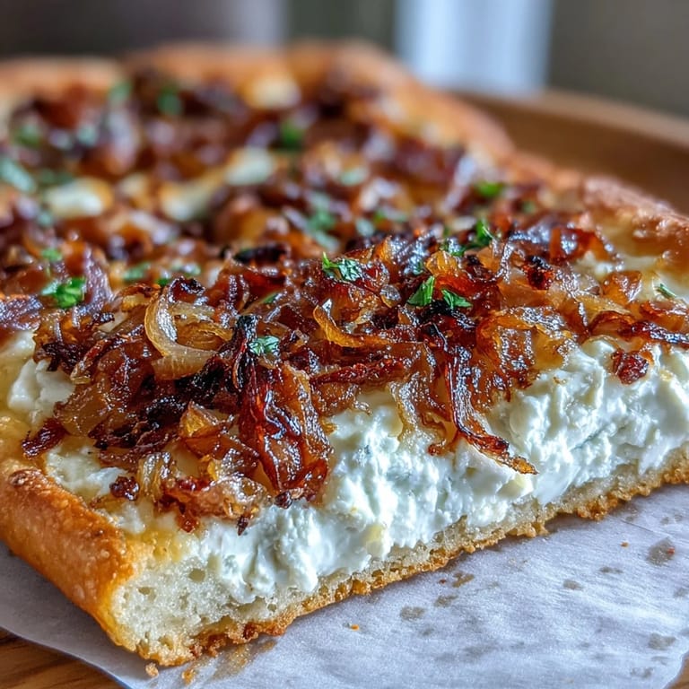 Freshly baked Goat Cheese & Caramelized Onion Flatbread garnished with chili flakes on a rustic wooden board.