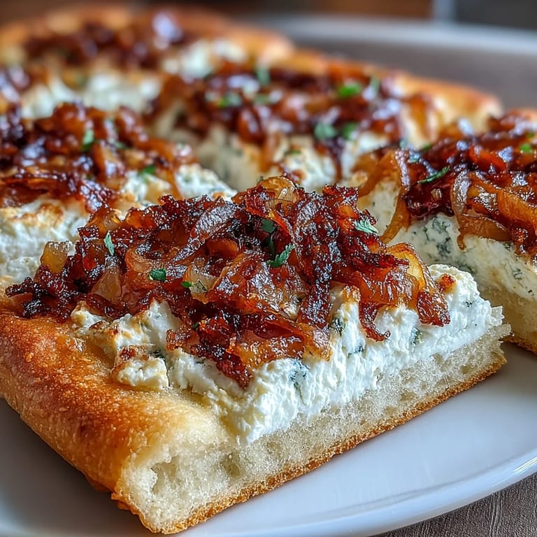 Appetizer slices of Goat Cheese & Caramelized Onion Flatbread with melted cheese and sweet onions on a plate.